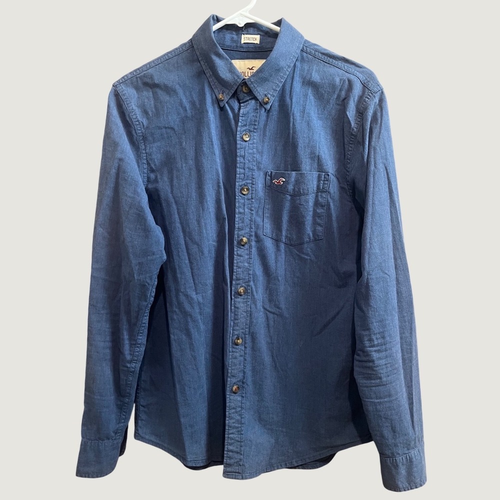 Hollister Button Down Shirt Mens Small Blue Stretch Long Sleeve Pocket Logo